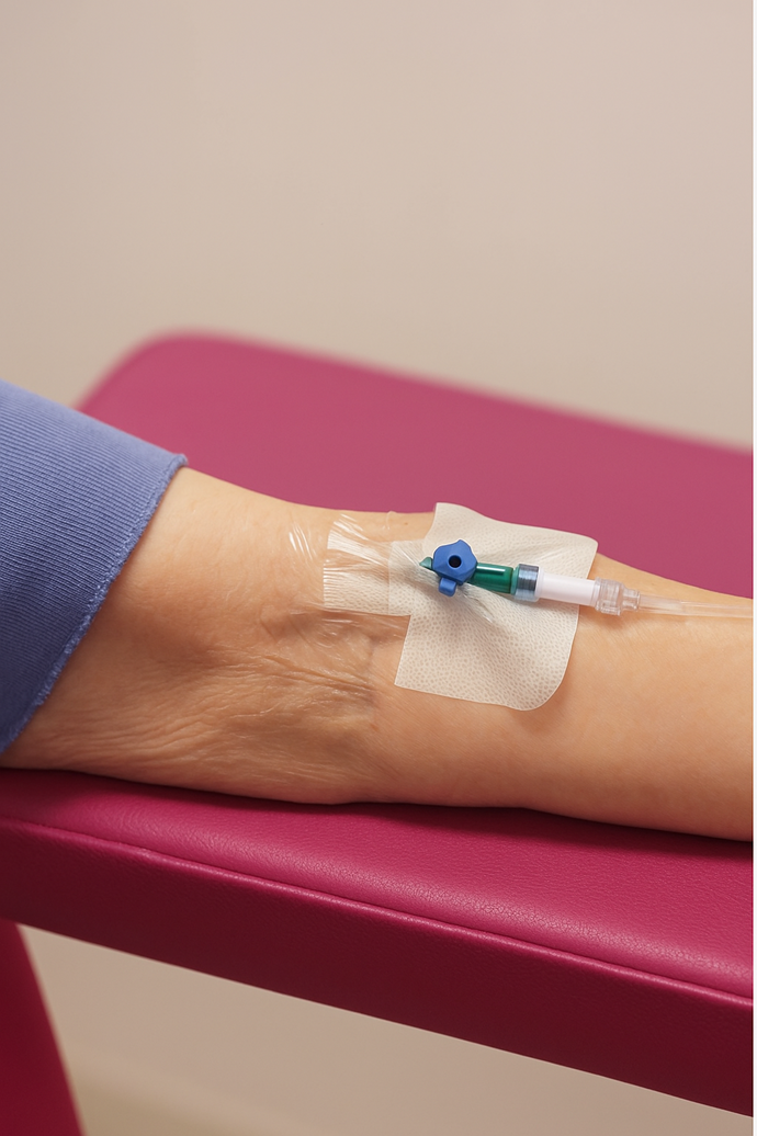 Brazo de paciente recibiendo sueroterapia intravenosa en la consulta de la Dra. Trasmonte, con el catéter fijado de forma segura para la administración del tratamiento.