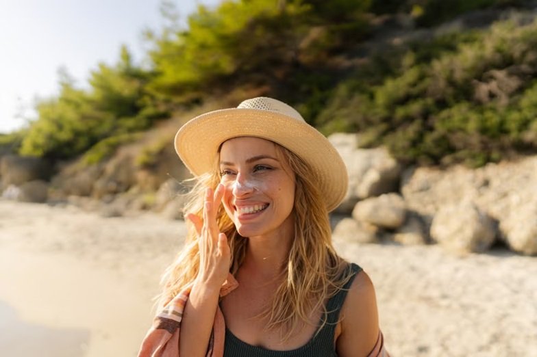 Mujer aplicando protector solar en el rostro durante unas vacaciones en la playa para proteger la piel del sol en verano.